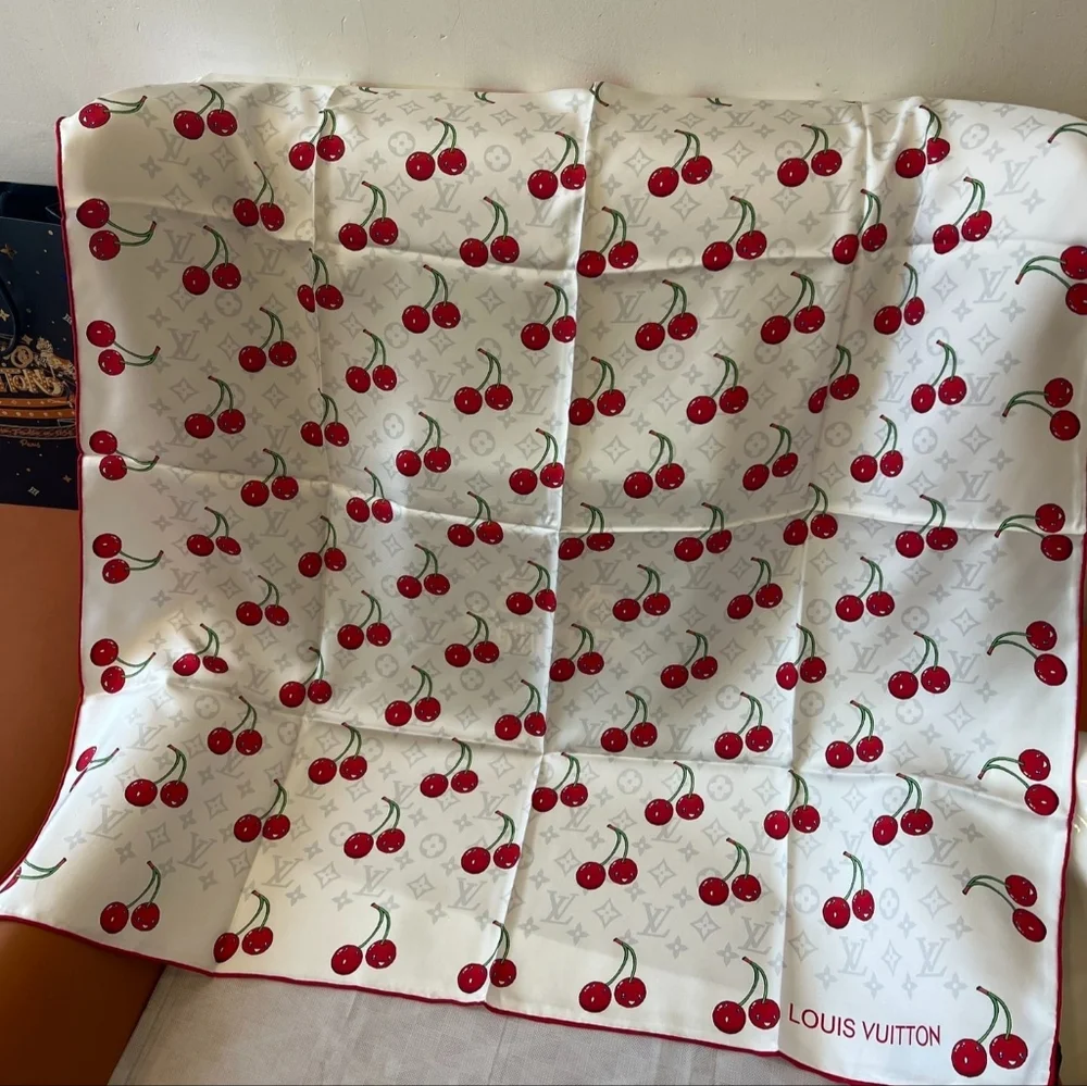 Cherry Print Scarf in White and Red